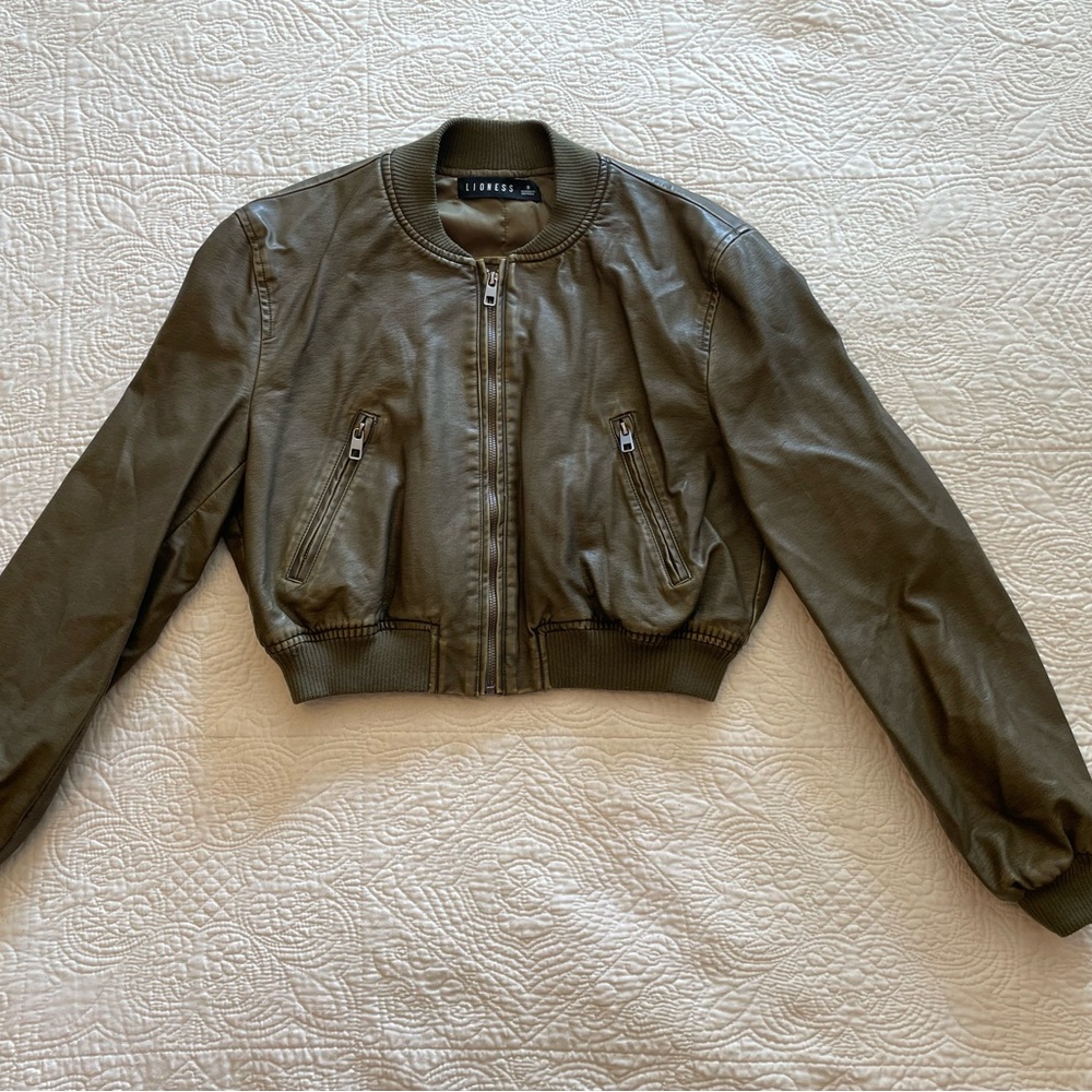 Olive Green Faux Leather Cropped Bomber Jacket by Lioness